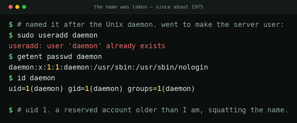 A terminal: 'useradd daemon' fails with 'user daemon already exists'; getent and id reveal daemon is uid 1 with a /usr/sbin/nologin shell.
